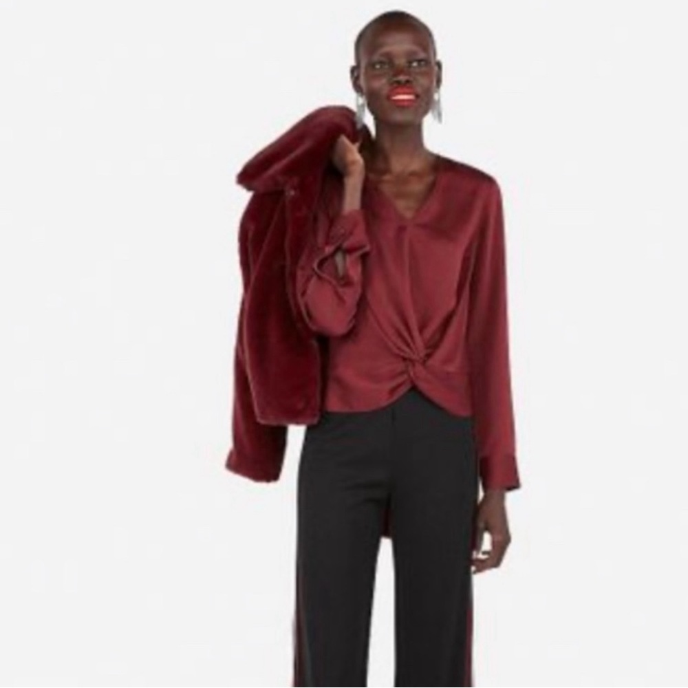 Express Satin Twist Knot Blouse, Burgundy (M)